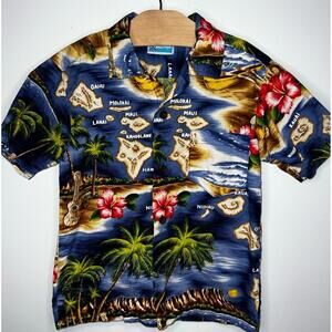 RJC‎ Made in Hawaii Hibiscus Hawaiian Island Navy Cotton Button-up Shirt Size 6